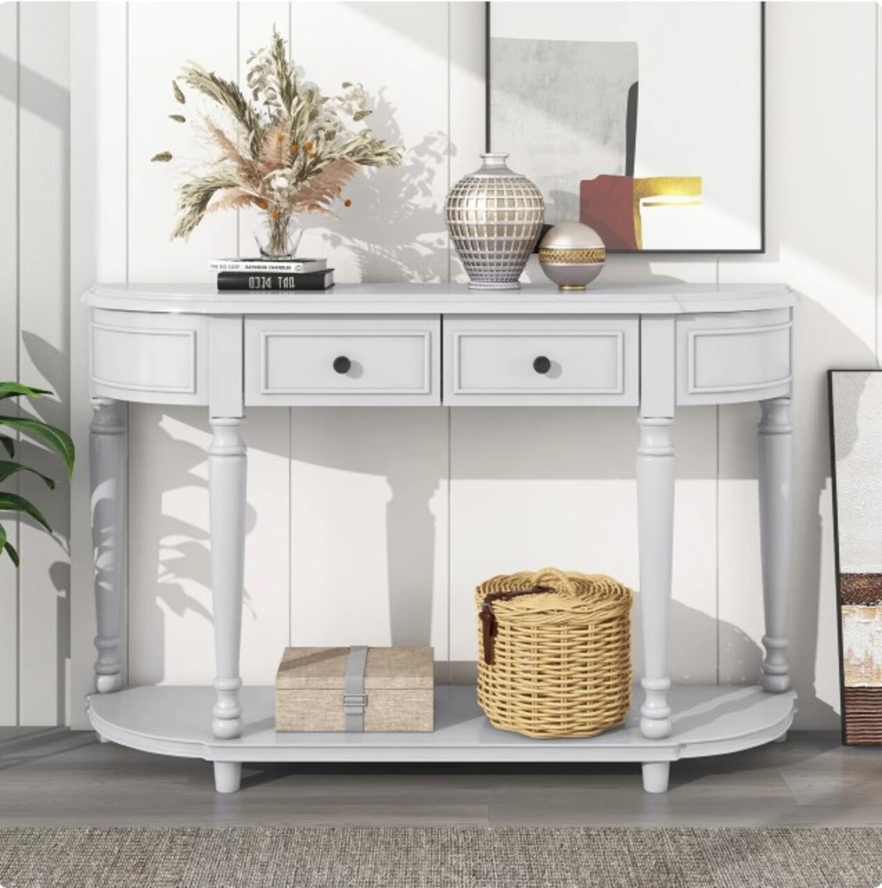 Retro Circular Curved Console Table, Half Moon Narrow Sofa Table with Open Style Shelf and 2 Top Drawers, Solid Wooden Entryway Table for Hallway Living Room Bedroom (Gray Wash)